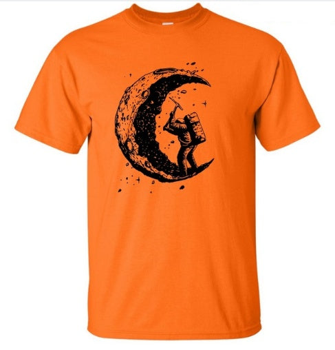 Digging The Moon Print Casual Mens O-neck T Shirts Fashion Men's Tops Men T-shirt Short Sleeve Men Tshirt